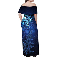 New Zealand Matariki Family Matching Off Shoulder Maxi Dress and Hawaiian Shirt Maori Pattern and Silver Fern LT03 - Polynesian Pride