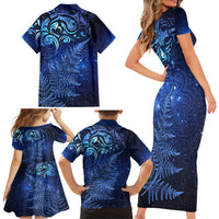 New Zealand Matariki Family Matching Short Sleeve Bodycon Dress and Hawaiian Shirt Maori Pattern and Silver Fern LT03 - Polynesian Pride