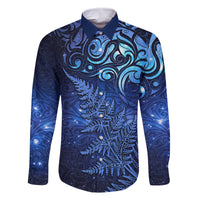 New Zealand Matariki Family Matching Tank Maxi Dress and Hawaiian Shirt Maori Pattern and Silver Fern LT03 Dad's Shirt - Long Sleeve Blue - Polynesian Pride