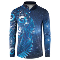 Aotearoa New Zealand New Year Button Sweatshirt Tribal Koru Tattoo Blue Galaxy Maori Silver Fern