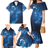Aotearoa New Zealand New Year Family Matching Mermaid Dress and Hawaiian Shirt Tribal Koru Tattoo Blue Galaxy Maori Silver Fern LT03 - Polynesian Pride