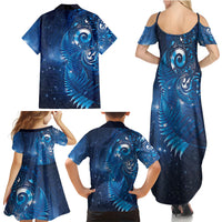 Aotearoa New Zealand New Year Family Matching Summer Maxi Dress and Hawaiian Shirt Tribal Koru Tattoo Blue Galaxy Maori Silver Fern LT03 - Polynesian Pride