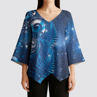 Aotearoa New Zealand New Year Kimono Sleeve Blouse Tribal Koru Tattoo Blue Galaxy Maori Silver Fern LT03 - Polynesian Pride