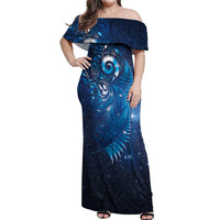 Aotearoa New Zealand New Year Off Shoulder Maxi Dress Tribal Koru Tattoo Blue Galaxy Maori Silver Fern LT03 Women Blue - Polynesian Pride