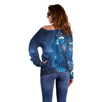 Aotearoa New Zealand New Year Off Shoulder Sweater Tribal Koru Tattoo Blue Galaxy Maori Silver Fern
