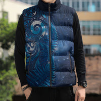 Aotearoa New Zealand New Year Sleeveless Puffer Jacket Tribal Koru Tattoo Blue Galaxy Maori Silver Fern