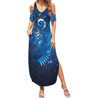 Aotearoa New Zealand New Year Summer Maxi Dress Tribal Koru Tattoo Blue Galaxy Maori Silver Fern LT03 Women Blue - Polynesian Pride