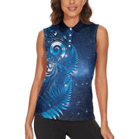 Aotearoa New Zealand New Year Women Sleeveless Polo Shirt Tribal Koru Tattoo Blue Galaxy Maori Silver Fern LT03 - Polynesian Pride