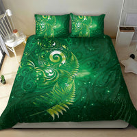 Aotearoa New Zealand New Year Bedding Set Tribal Koru Tattoo Green Galaxy Maori Silver Fern