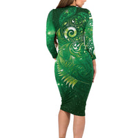 Aotearoa New Zealand New Year Family Matching Long Sleeve Bodycon Dress and Hawaiian Shirt Tribal Koru Tattoo Green Galaxy Maori Silver Fern LT03 - Polynesian Pride