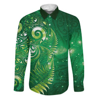Aotearoa New Zealand New Year Family Matching Mermaid Dress and Hawaiian Shirt Tribal Koru Tattoo Green Galaxy Maori Silver Fern LT03 Dad's Shirt - Long Sleeve Green - Polynesian Pride