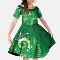 Aotearoa New Zealand New Year Family Matching Off The Shoulder Long Sleeve Dress and Hawaiian Shirt Tribal Koru Tattoo Green Galaxy Maori Silver Fern LT03 Daughter's Dress Green - Polynesian Pride