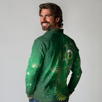 Aotearoa New Zealand New Year Long Sleeve Polo Shirt Tribal Koru Tattoo Green Galaxy Maori Silver Fern LT03 - Polynesian Pride