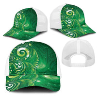 Aotearoa New Zealand New Year Mesh Trucker Cap Tribal Koru Tattoo Green Galaxy Maori Silver Fern