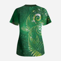 Aotearoa New Zealand New Year Scrub Top Tribal Koru Tattoo Green Galaxy Maori Silver Fern