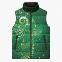 Aotearoa New Zealand New Year Sleeveless Puffer Jacket Tribal Koru Tattoo Green Galaxy Maori Silver Fern LT03 Unisex Green - Polynesian Pride