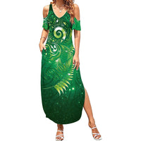 Aotearoa New Zealand New Year Summer Maxi Dress Tribal Koru Tattoo Green Galaxy Maori Silver Fern LT03 Women Green - Polynesian Pride