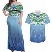 Aotearoa New Zealand New Year Couples Matching Off Shoulder Maxi Dress and Hawaiian Shirt Maori Motifs with Silver Fern and Matariki Stars LT03 Multicolor - Polynesian Pride