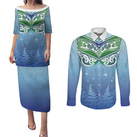 Aotearoa New Zealand New Year Couples Matching Puletasi and Long Sleeve Button Shirt Maori Motifs with Silver Fern and Matariki Stars LT03 Multicolor - Polynesian Pride