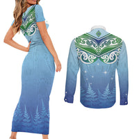Aotearoa New Zealand New Year Couples Matching Short Sleeve Bodycon Dress and Long Sleeve Button Shirt Maori Motifs with Silver Fern and Matariki Stars LT03 - Polynesian Pride