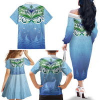 Aotearoa New Zealand New Year Family Matching Off The Shoulder Long Sleeve Dress and Hawaiian Shirt Maori Motifs with Silver Fern and Matariki Stars LT03 - Polynesian Pride