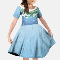 Aotearoa New Zealand New Year Family Matching Off Shoulder Maxi Dress and Hawaiian Shirt Maori Motifs with Silver Fern and Matariki Stars LT03 Daughter's Dress Multicolor - Polynesian Pride