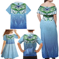 Aotearoa New Zealand New Year Family Matching Off Shoulder Maxi Dress and Hawaiian Shirt Maori Motifs with Silver Fern and Matariki Stars LT03 - Polynesian Pride