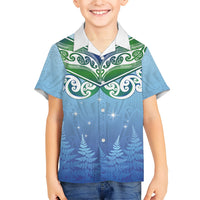 Aotearoa New Zealand New Year Family Matching Off Shoulder Maxi Dress and Hawaiian Shirt Maori Motifs with Silver Fern and Matariki Stars LT03 Son's Shirt Multicolor - Polynesian Pride
