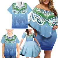 Aotearoa New Zealand New Year Family Matching Off Shoulder Short Dress and Hawaiian Shirt Maori Motifs with Silver Fern and Matariki Stars LT03 - Polynesian Pride