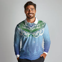 Aotearoa New Zealand New Year Long Sleeve Polo Shirt Maori Motifs with Silver Fern and Matariki Stars LT03 - Polynesian Pride