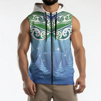 Aotearoa New Zealand New Year Sleeveless Zip Hoodie Maori Motifs with Silver Fern and Matariki Stars LT03 - Polynesian Pride