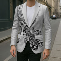 Aotearoa Moko Tribal Tattoo Blazer New Zealand Maori Penguin and Fantail White Color LT03 - Polynesian Pride