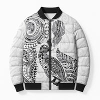 Aotearoa Moko Tribal Tattoo Bomber Puffer Jacket New Zealand Maori Penguin and Fantail White Color LT03 Unisex White - Polynesian Pride