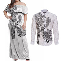 Aotearoa Moko Tribal Tattoo Couples Matching Off Shoulder Maxi Dress and Long Sleeve Button Shirt New Zealand Maori Penguin and Fantail White Color LT03 White - Polynesian Pride