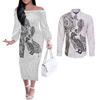 Aotearoa Moko Tribal Tattoo Couples Matching Off The Shoulder Long Sleeve Dress and Long Sleeve Button Shirt New Zealand Maori Penguin and Fantail White Color LT03 White - Polynesian Pride