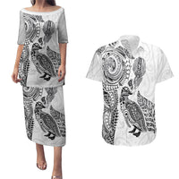 Aotearoa Moko Tribal Tattoo Couples Matching Puletasi and Hawaiian Shirt New Zealand Maori Penguin and Fantail White Color LT03 White - Polynesian Pride