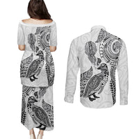 Aotearoa Moko Tribal Tattoo Couples Matching Puletasi and Long Sleeve Button Shirt New Zealand Maori Penguin and Fantail White Color LT03 - Polynesian Pride