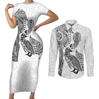 Aotearoa Moko Tribal Tattoo Couples Matching Short Sleeve Bodycon Dress and Long Sleeve Button Shirt New Zealand Maori Penguin and Fantail White Color LT03 White - Polynesian Pride