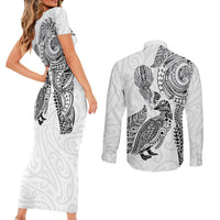 Aotearoa Moko Tribal Tattoo Couples Matching Short Sleeve Bodycon Dress and Long Sleeve Button Shirt New Zealand Maori Penguin and Fantail White Color LT03 - Polynesian Pride