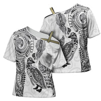 Aotearoa Moko Tribal Tattoo Cross Shoulder Shirt New Zealand Maori Penguin and Fantail White Color LT03 - Polynesian Pride