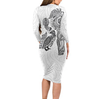 Aotearoa Moko Tribal Tattoo Family Matching Long Sleeve Bodycon Dress and Hawaiian Shirt New Zealand Maori Penguin and Fantail White Color LT03 - Polynesian Pride