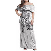 Aotearoa Moko Tribal Tattoo Family Matching Off Shoulder Maxi Dress and Hawaiian Shirt New Zealand Maori Penguin and Fantail White Color LT03 Mom's Dress White - Polynesian Pride