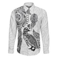 Aotearoa Moko Tribal Tattoo Family Matching Summer Maxi Dress and Hawaiian Shirt New Zealand Maori Penguin and Fantail White Color LT03 Dad's Shirt - Long Sleeve White - Polynesian Pride