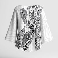 Aotearoa Moko Tribal Tattoo Kimono Sleeve Blouse New Zealand Maori Penguin and Fantail White Color LT03 - Polynesian Pride