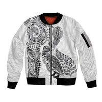 Aotearoa Moko Tribal Tattoo Sleeve Zip Bomber Jacket New Zealand Maori Penguin and Fantail White Color LT03 Unisex White - Polynesian Pride