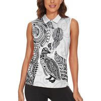 Aotearoa Moko Tribal Tattoo Women Sleeveless Polo Shirt New Zealand Maori Penguin and Fantail White Color LT03 - Polynesian Pride