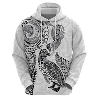 Aotearoa Moko Tribal Tattoo Zip Hoodie New Zealand Maori Penguin and Fantail White Color LT03 - Polynesian Pride