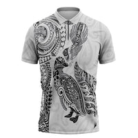 Aotearoa Moko Tribal Tattoo Zipper Polo Shirt New Zealand Maori Penguin and Fantail White Color LT03 White - Polynesian Pride