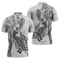 Aotearoa Moko Tribal Tattoo Zipper Polo Shirt New Zealand Maori Penguin and Fantail White Color LT03 - Polynesian Pride