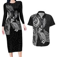 Aotearoa Moko Tribal Tattoo Couples Matching Long Sleeve Bodycon Dress and Hawaiian Shirt New Zealand Maori Penguin and Fantail Black Color LT03 Black - Polynesian Pride